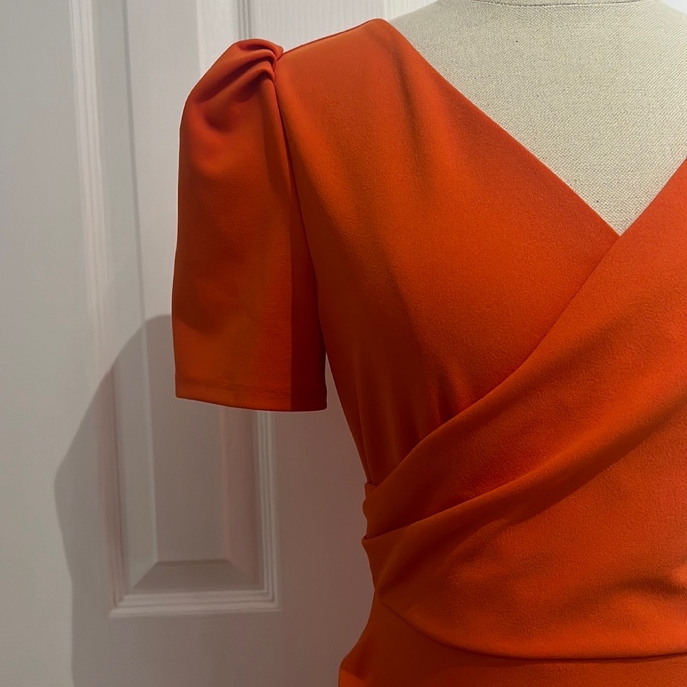 Express V-Neck Puff Sleeve Faux Wrap Sheath Midi Dress - Picture 3 of 6